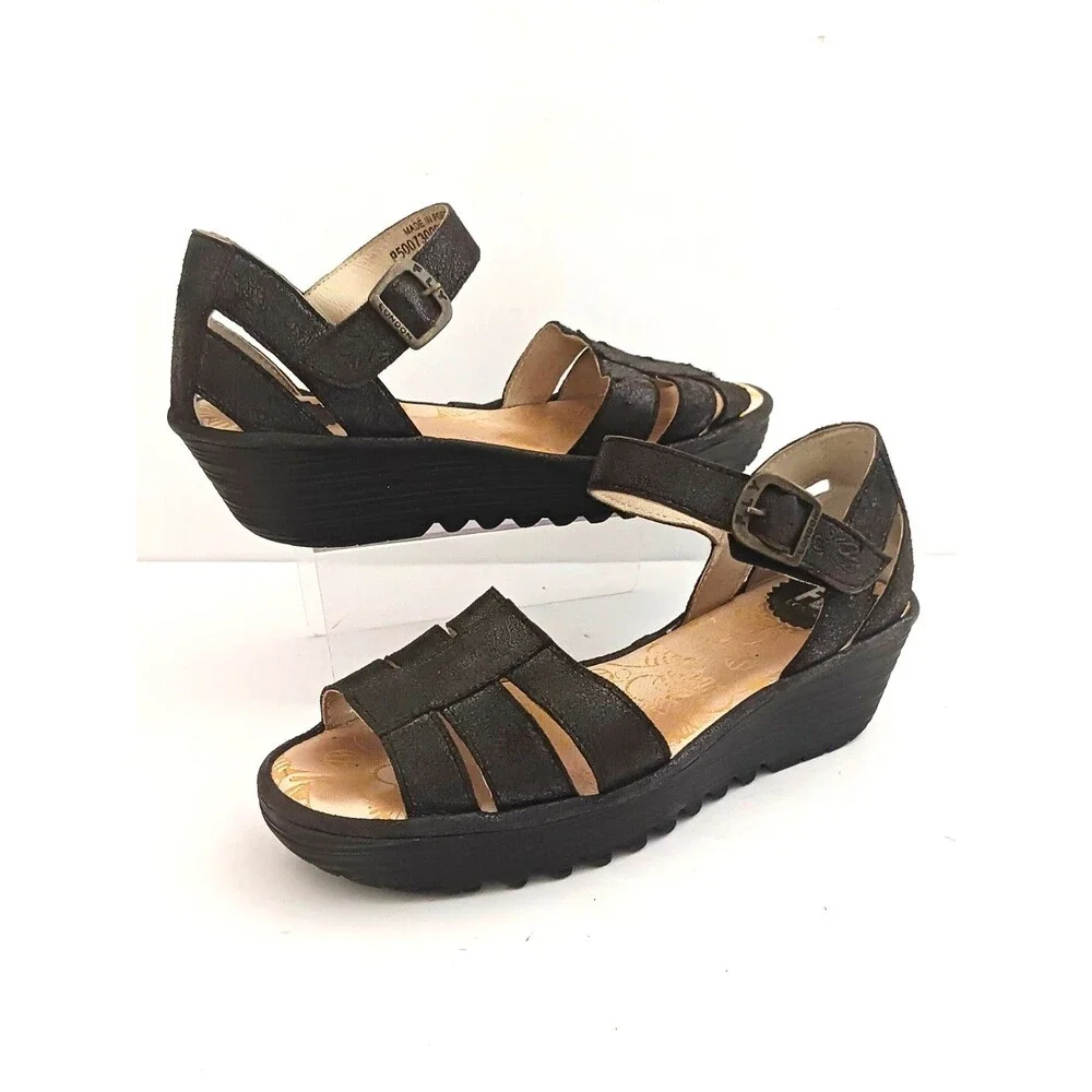 FLY London Rese730Fly Blk Leather Strappy Wedge Sandal Ankle Strap 39/8-8.5